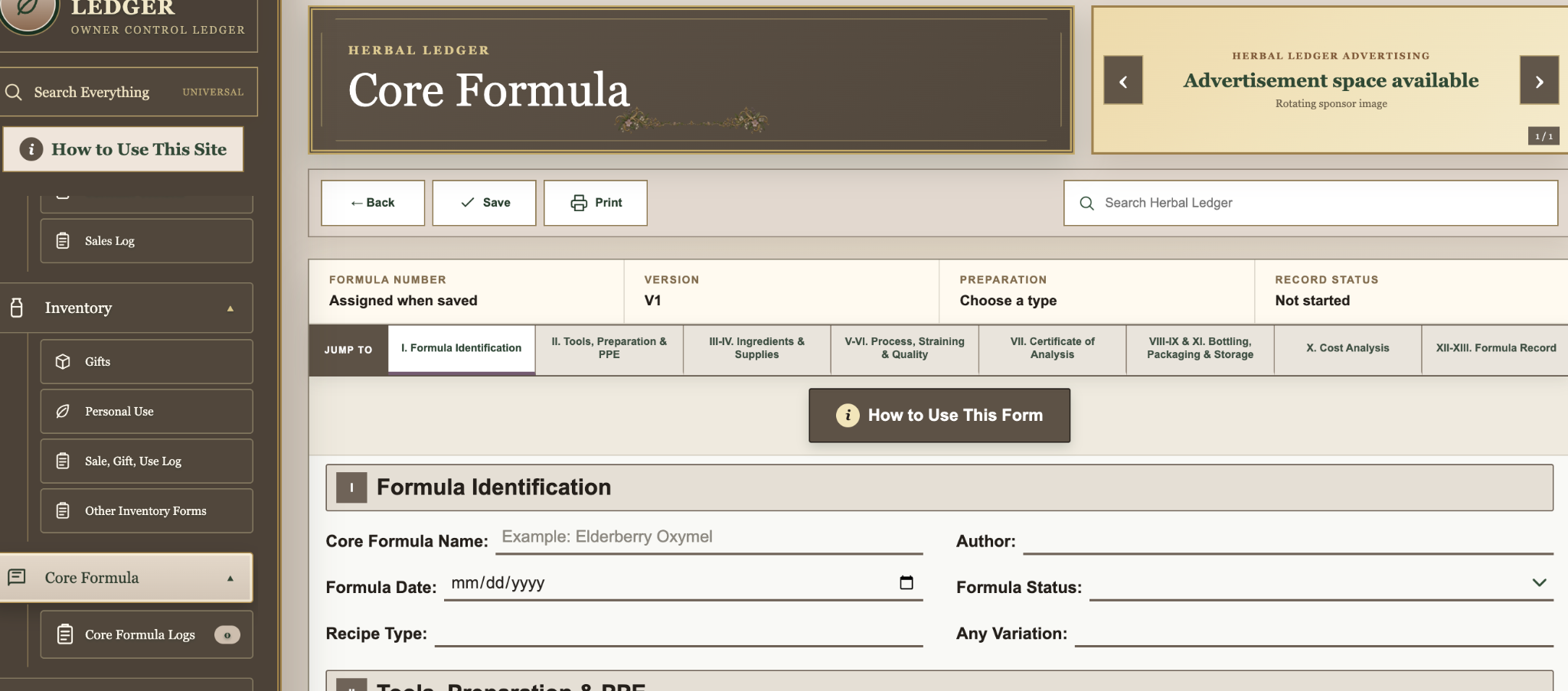 Herbal Ledger Core Formula form and section navigation