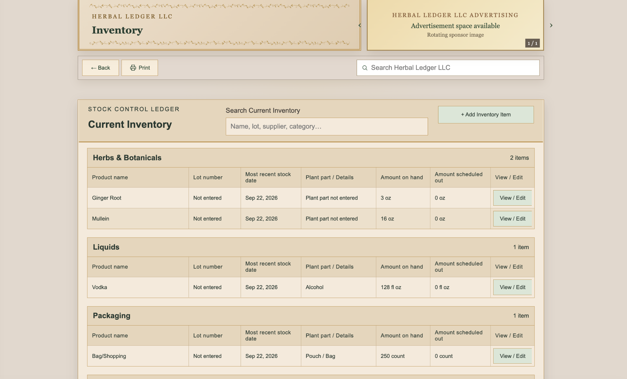Actual Herbal Ledger Inventory screen