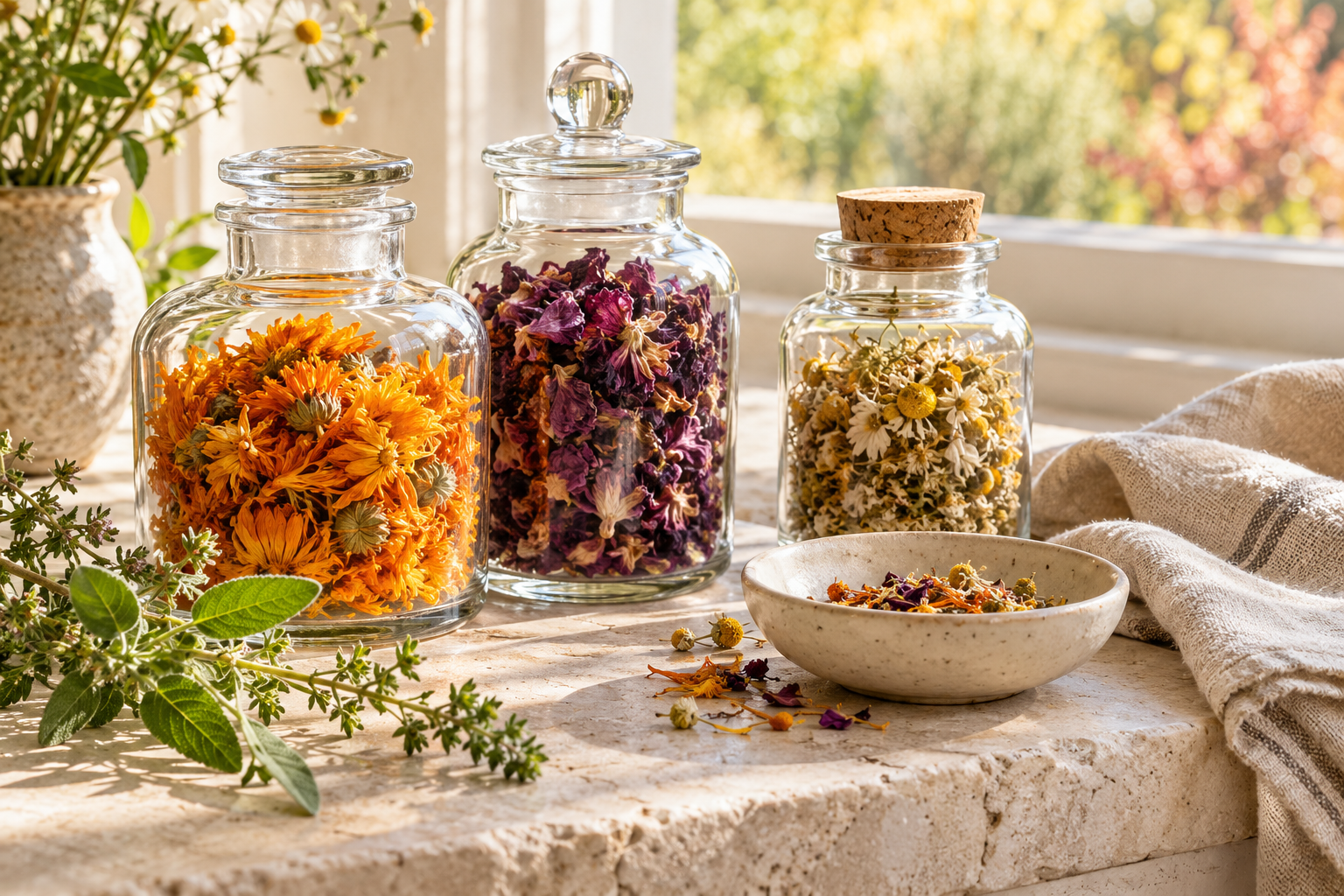 Sunlit jars of calendula, rose petals and dried herbs